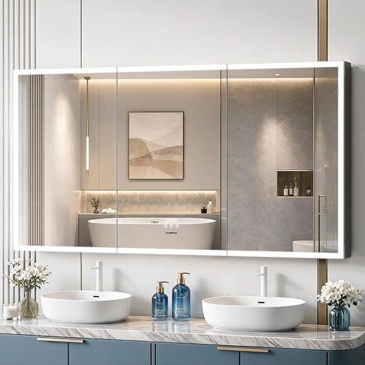ACEMIRO 60"×32" Lighted Bathroom Medicine Cabinet with Mirror, Recessed Medicine Cabinet Mirror with Lights, Three Door LED Bathroom Mirror with Outlet & Clock, Dimming, Defogger, Memory Function