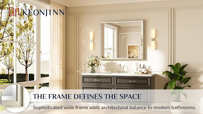 Keonjinn Brushed Nickel Bathroom Vanity Mirror 42 x 36 Inch, Tempered Glass | Aluminum Alloy Frame, Secure French Cleat, Beveled Edge, Shatterproof & Rustproof, Large Bathroom Mirrors for Over Sink