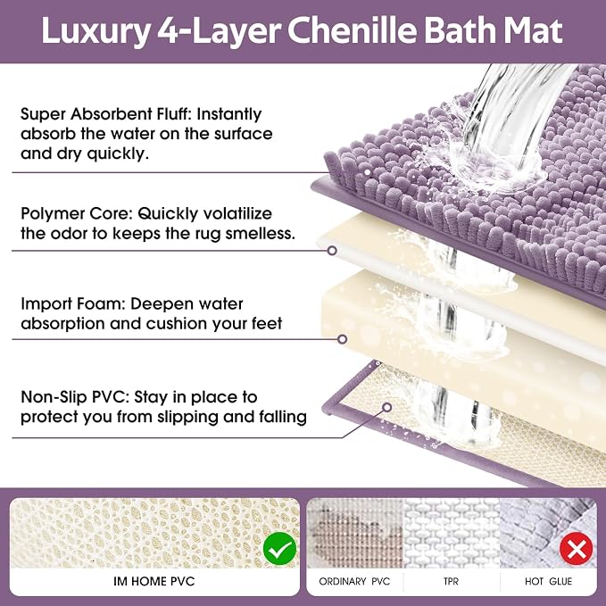 Striped Lavender Bathroom Rug Set 3 Pieces Ultra Soft, Non Slip Chenille Toilet Mat, Absorbent Plush Shaggy Bath Mats for Bathroom, Bedroom, Kitchen, Mauve
