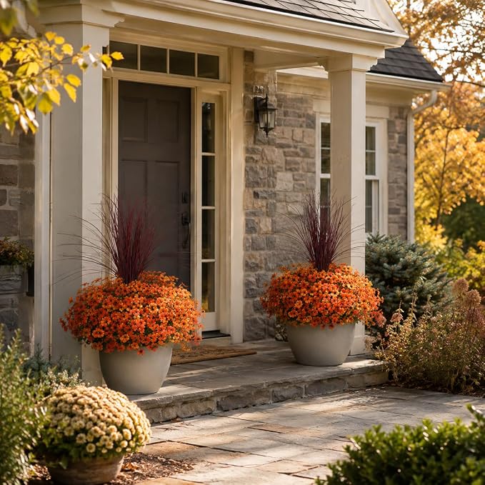 florisso Artificial Fall Flowers Fake Mums for Outdoor Autumn Decor | 12 Bundles Faux Silk Orange Yellow Mums Daisy + 1 Pc Reddish‑Brown Straw, UV Resistant for Outside Home Porch Patio Planter