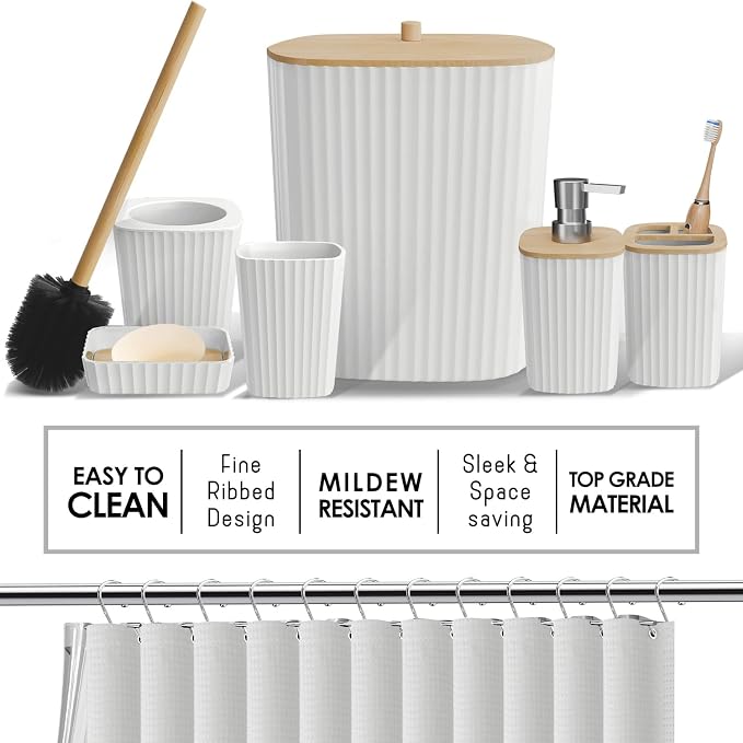 Clara Clark White Bathroom Set, Bathroom Sets with Shower Curtain and Rugs | 22 Piece Bathroom Accessories Set with Toothbrush Holder, Soap Dispenser, Soap Dish, Toilet Brush, and Bathroom Trash Can
