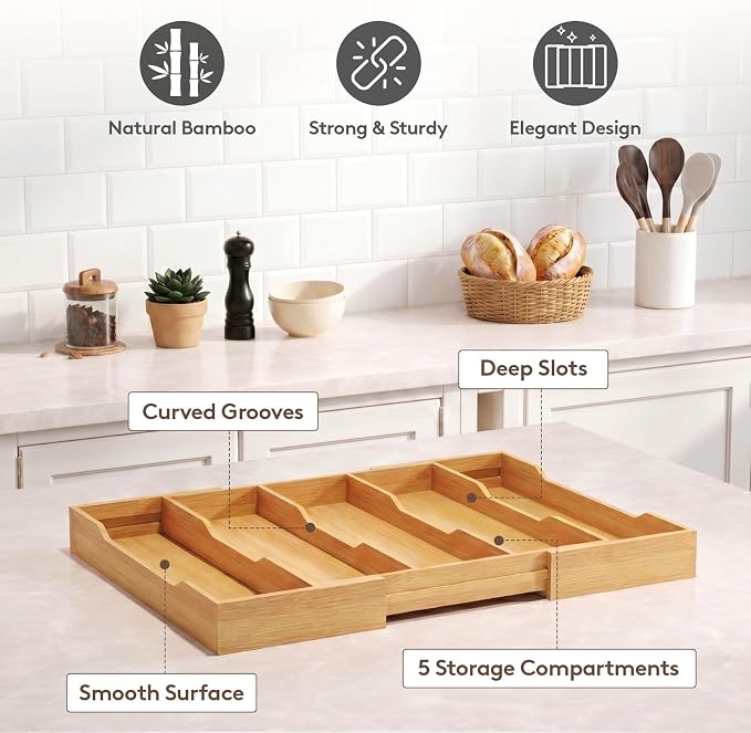 Lifewit Utensil Organizer for Kitchen Drawer, Expandable Cooking Utensil Tray, Cutlery Silverware Flatware Holder, Wood Adjustable Spatula Tools Storage Divider, 12.6-22.8x14/ 32-58x35.6cm, Natural | Expandable Cutlery Silverware Flatware Holder, Wood ...