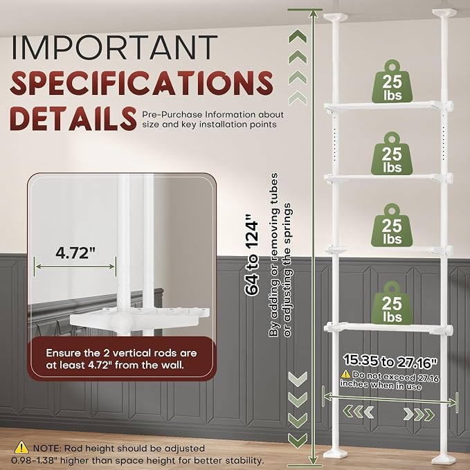 Goovilla Over The Toilet Storage Shelf, 64-124inch(H) 15-27inch(W), White | 4 Tier Bathroom Organizer Shelves with Adjustable No Drilling Tension Mounting, Space Saver Bathroom Shelf Rack Above Toilet