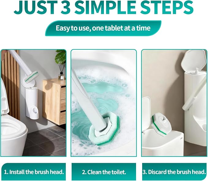 Disposable Toilet Brush, Toilet Bowl Cleaning System with 48 Count Wand Refills, Clean Brush Starter Kit with 1 Wand, 1 Storage Caddy and 1 wall Sticker (White)