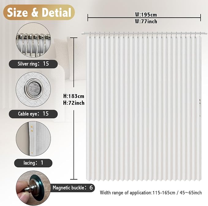 AJAZZ Magnetic Folding Shower Curtains Fabric Polyester Material Waterproof Shower Curtain Suitable for Family Hotel Homestay (White,77" W x 72" L) 1 Panel