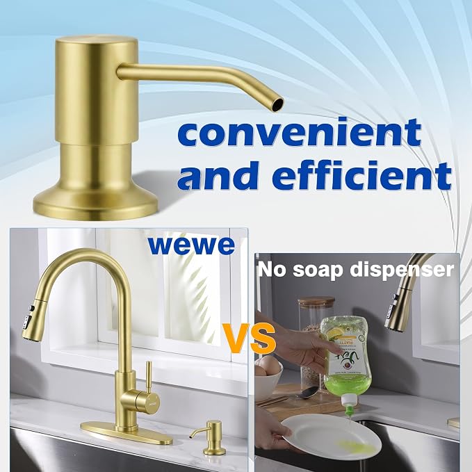 Gold Soap Dispenser for Kitchen Sink WEWE, Stainless Steel | Brushed Gold Soap Dispenser with Long Spout, Gold Soap Pump Built in Countertop Under Sink, Refill from The Top
