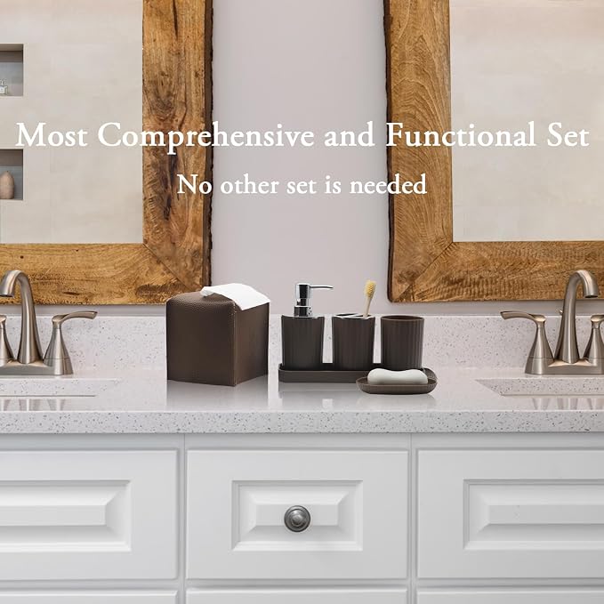 Bathroom Accessory Set, 10 Piece Brown Bathroom Set Complete | Includes Trash Can, Soap Dispenser, Toothbrush Holder, Soap Holder, Tumbler, Toilet Brush, Tray, Qtip Holders, Tissue Cover