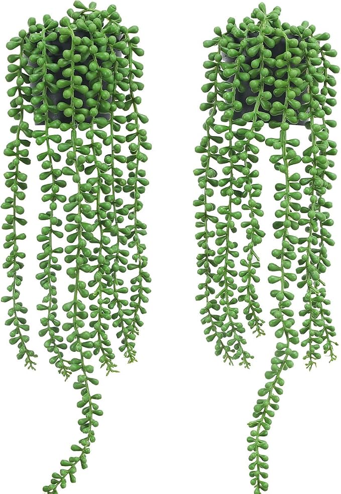 2pcs Fake Hanging Plants Fake Potted String of Pearls Succulent Plants Small Faux Plants for Indoor Outdoor Shelf Wall Decor