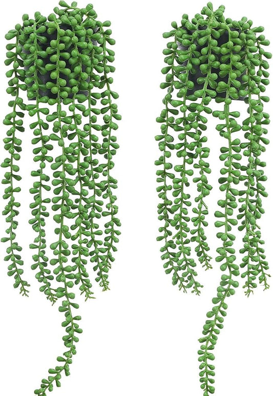 2pcs Fake Hanging Plants Fake Potted String of Pearls Succulent Plants Small Faux Plants for Indoor Outdoor Shelf Wall Decor