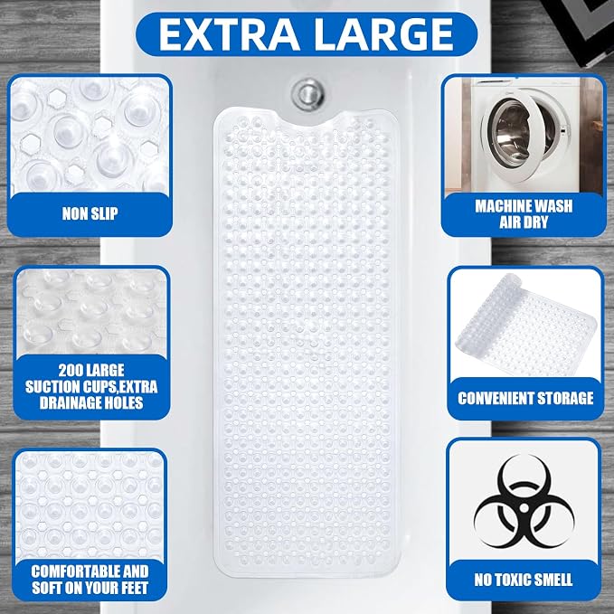 MOONFLY Shower and Bathtub Mat, 40x16 Inches, Clear | Extra Long Non Slip Mats with Suction Cups,Drain Holes, Machine Washable ,Anti Slip Bathmats, Bathroom Mats for Tub Nonslip
