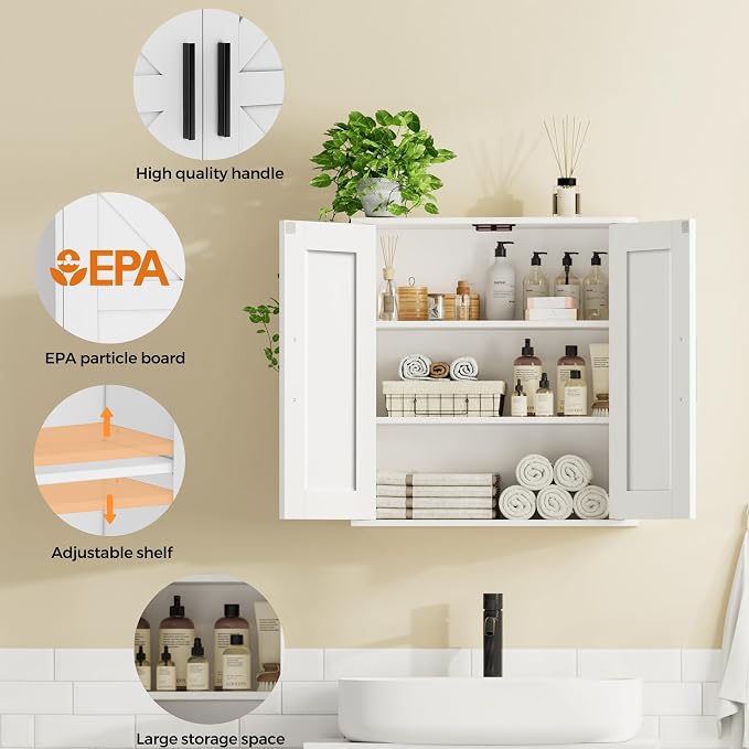 Homleke Bathroom Wall Cabinet, Medicine Cabinet with Adjustable Shelves | 3-Tier Wall Mounted Over Toilet Storage with Barn Doors, for Bathroom, Kitchen, Entryway, Laundry Room, White, (7.9" D)