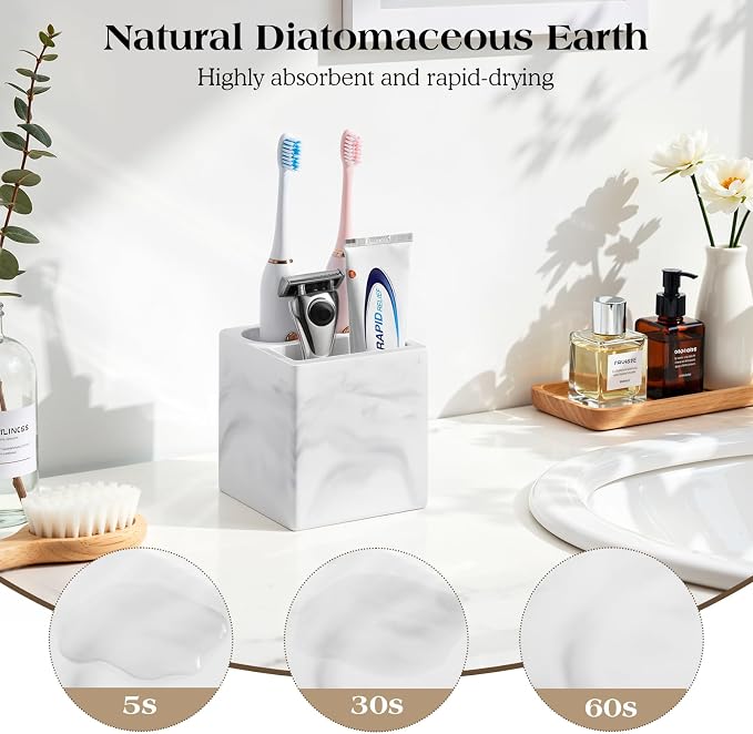 Luxspire Toothbrush Holder, 3 Slots, Marble White | Diatomite, Fast Drying, Toothbrush Holders for Bathroom, Toothbrush and Toothpaste Holder for Countertop