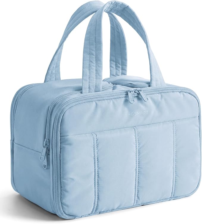 BAGSMART Travel Toiletry Bag, Puffy Large Toiletry Bag for Women, Lightweight Cosmetic Makeup Bag Organizer with Handle for Traveling, Accessories, Essentials, Toiletries (Light Blue)