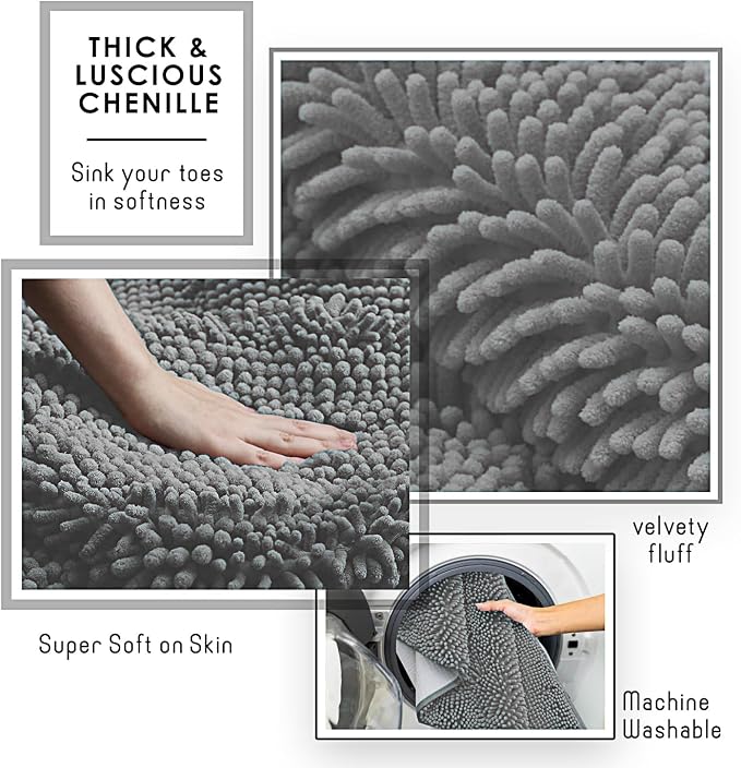 Hearth & Harbor Bathroom Rugs, Chenille Bath Mat - Machine Washable Bath Mats for Bathroom Non-Slip Backing Rubber, Quick Dry Bathroom Mat, 17 x 24 + 20 x 24 - Frost Grey