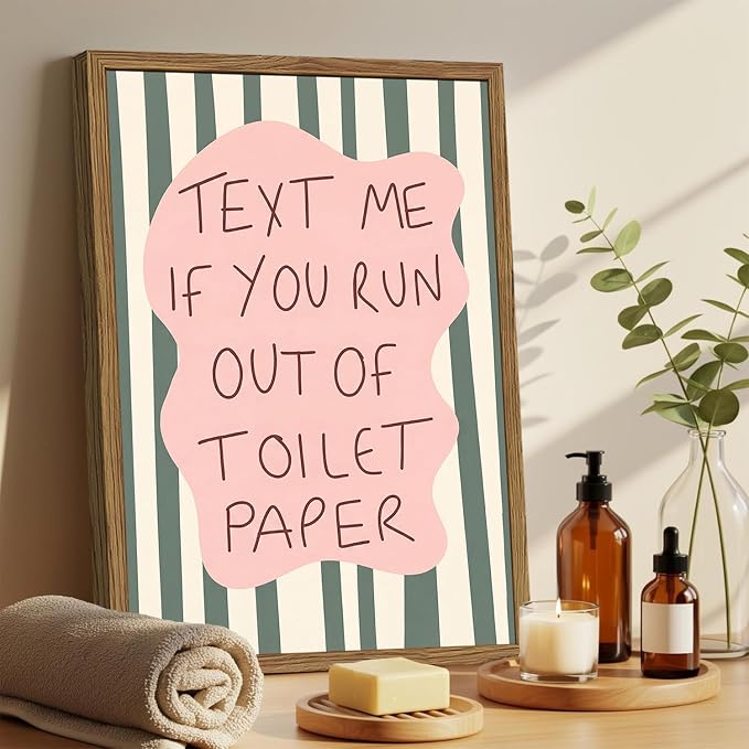 Funny Bathroom Quote Sign Wall Art Text Me If You Run Out of Toilet Paper Bathroom Wall Decor Cute Stripe Quotations Restroom Poster Canvas Print Picture 12x16 inch Wood Framed