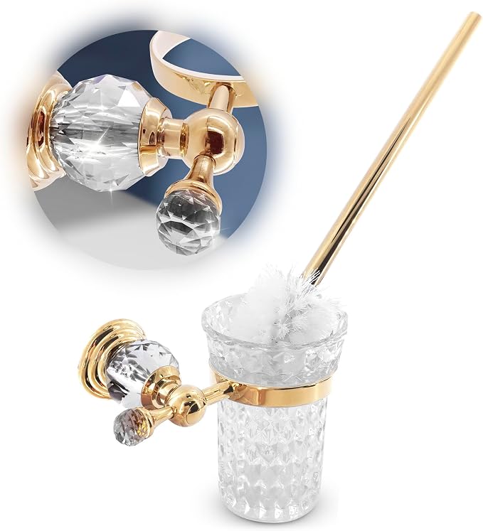 Wall-Mounted Toilet Brush and Holder Set, Clear Bowl (Gold Crystal) | Toilet Bowl Brush and Holder Set, Polished Gold Handle, Space-Saving Wall Mount, Stainless Steel Body, for Elegant Bathrooms