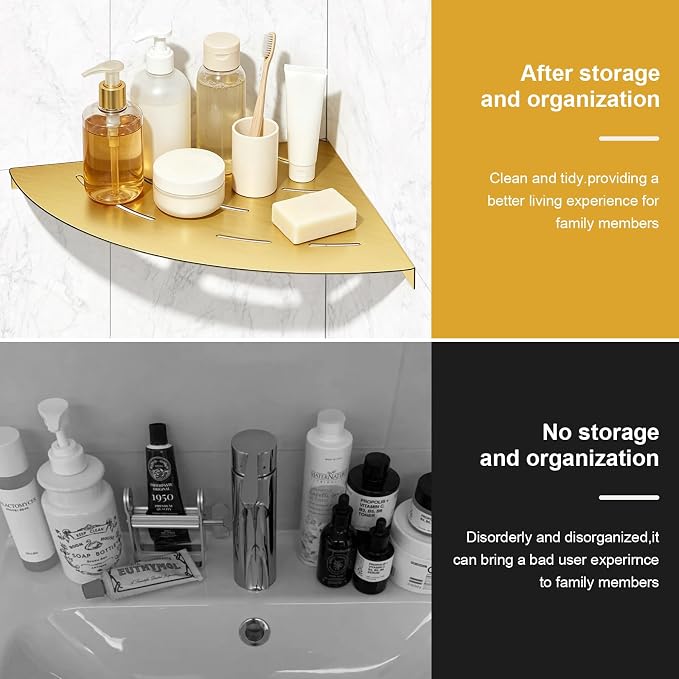 soaez Brushed Gold Corner Shower Shelf, SUS304 Stainless Steel Bathroom Shower Shelves Prevent Rust Drilling Installation (8", 2Pack)