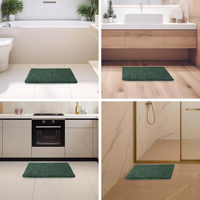 Dark Green Bathroom Rugs – Absorbent and Washable Bath Mat, Non-Slip, Thick Soft Chenille Bath Rugs for Bathroom Floor, Shower, Sink - 17" x 24"