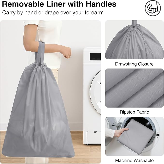 STO STO 75L Laundry Hamper, Space Saving Freestanding Clothes Basket with Iron Frame, Dirty Clothes Storage Bin with Removable Washable Liner for Bedroom, Bathroom, Dorm, Closet, Apartment, Gray