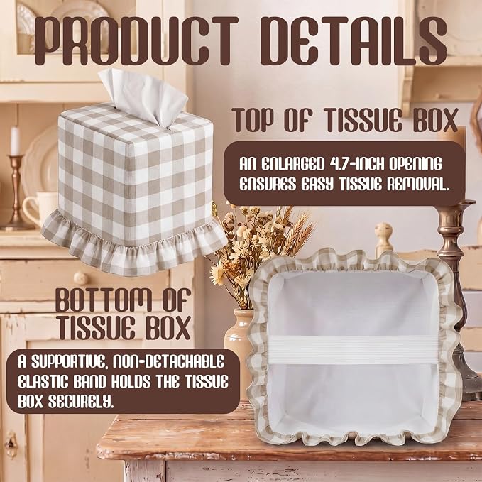 Brown Gingham Tissue Box with Ruffled Cover Cottagecore Handmade Decorative Gingham Napkin Holder for Home Bedroom Living Room Bathroom Vanity Countertop Car Office Kitchen