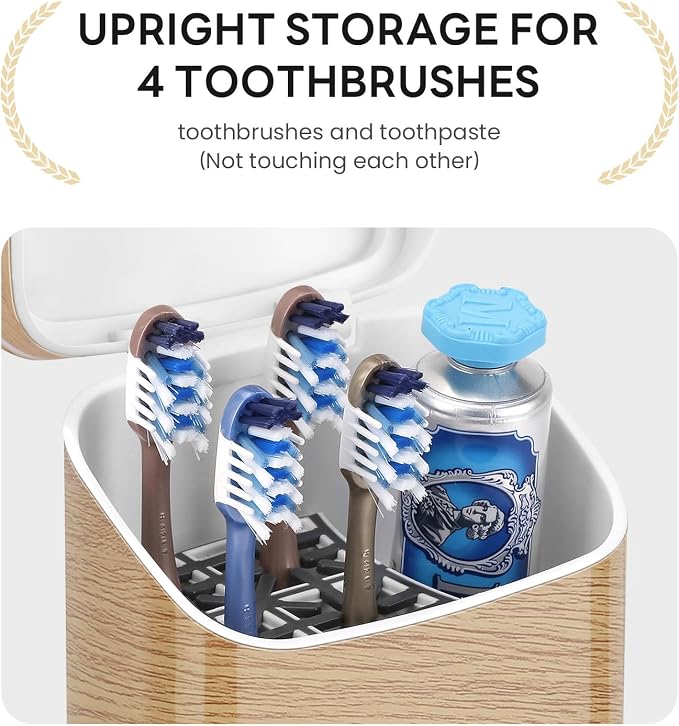 GFWARE Wood Bathroom Toothbrush Holder with Cover, Ventilated & Drainage | 5 Slots Bathroom Toothbrush & Toothpaste Organizer, Keeps Brush Heads Upright for Toothbrushes Under 7.5 Inches, Wood-Look