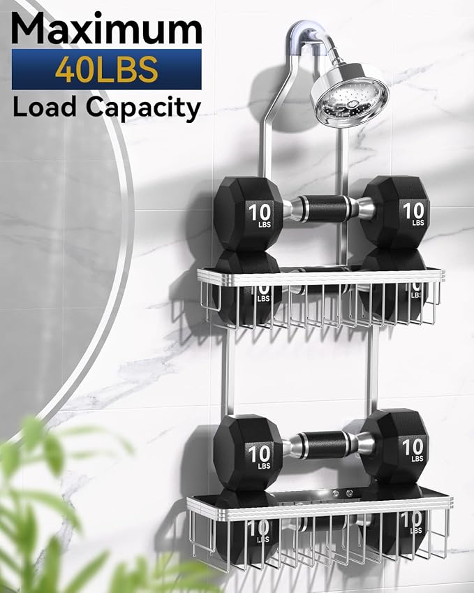 Never Rust Shower Caddy Hanging, Aluminum Shower Racks for Inside Shower, 2-Tier Shower Organizer Hanging Over Shower Head with Hooks and Soap Holder, Silver