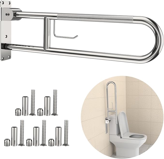 Toilet Grab Bar 32 Inch, YuanDe Flip Up Grab Bar with Paper Holder | Polished Chrome Anti-Slip Safety Bars for Toilet,Stainless Steel Knurled Toilet Handles for Seniors Disabled Elderly Pregnant
