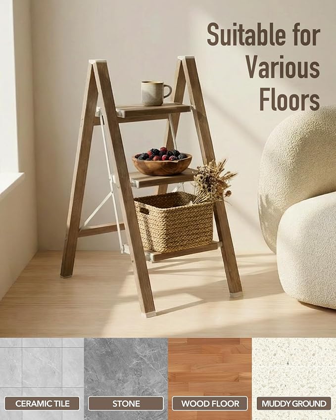 Mayi Plus 3 Step Stool Foldable, Aluminum, Lightweight Step Ladder | Extra-wide anti-slip folding steps with 330 lbs, for home,kitchen,office,outdoor,Cherry woodgrain