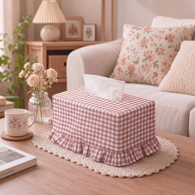 Sawysine Pink Check Plaid Fabric Tissue Box Cover Soft Vintage Farmhouse Ruffled Rectangular Napkin Holder Gentle Fall Winter French Country Romantic Decor for Home Bedroom Living Room Kitchen Indoor