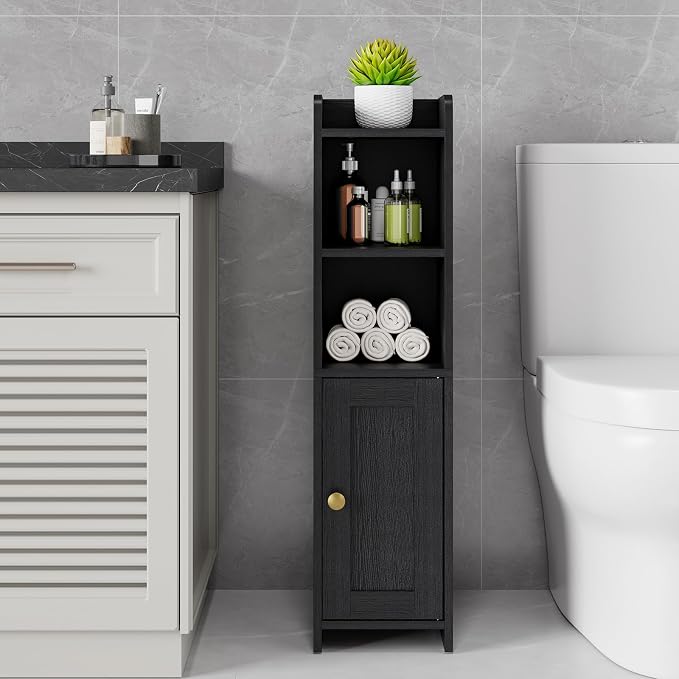 Lomojo Small Bathroom Storage Cabinet Corner, 7.87"Dx7.87"W x31.5"H (Black) | Freestanding Narrow Toilet Paper Holder, Organizers for Bathroom Small Spaces Floor Cabinet with Adjustable Shelves and Door