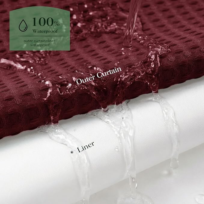 Burgundy Hook Free Waffle Shower Curtain & Snap Fabric Liner,72x87 | Less Time to install, 3 in 1 Fabric Shower Curtain and Liner Set with Magnets, Extra Long, Shower Curtains for Bathroom