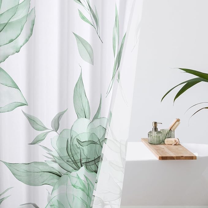 Litabel Green and Grey Boho Watercolor Floral Shower Curtain, Ink Painting Style Blossom & Leaf Shower Curtains for Chic Elegant Bathroom, Artistic Fabric Cloth Flower Shower Curtain, 72x72