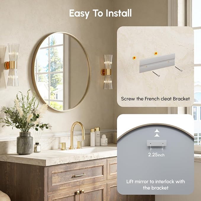 24 Inch Gold Round Bathroom Mirrors for Over Sink | Circle Mirror with Aluminum Frame, Wall Mirror for Vanity, Entryway, Living Room, Hallway and Bedroom Decor