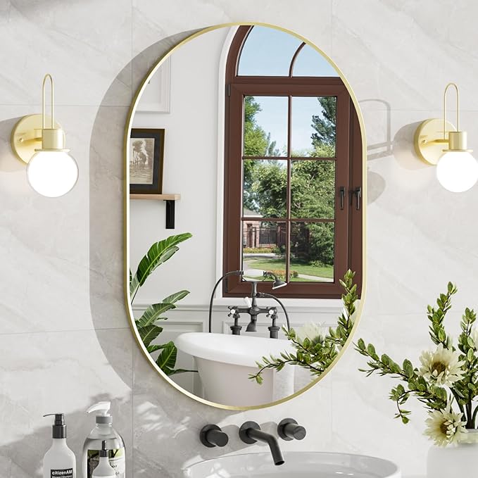 24"x36" Brushed Gold Oval Bathroom Mirror for Over Sink, Wall Mount | Tempered Glass, Clear Reflection, Rust-Resistant Aluminum Frame, Vertical or Horizontal Wall Mount, Bedroom and Entryway