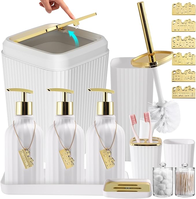 17PCS Bathroom Accessories Set, White Bathroom Set Bathroom Accessories Set with Trash Can, Toilet Brush, Toothbrush Holder, Qtip Holder & 3PCS Soap Dispenser