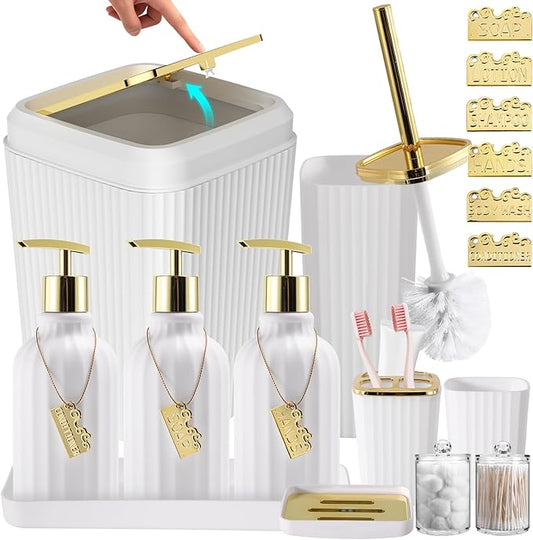 17PCS Bathroom Accessories Set, White Bathroom Set Bathroom Accessories Set with Trash Can, Toilet Brush, Toothbrush Holder, Qtip Holder & 3PCS Soap Dispenser