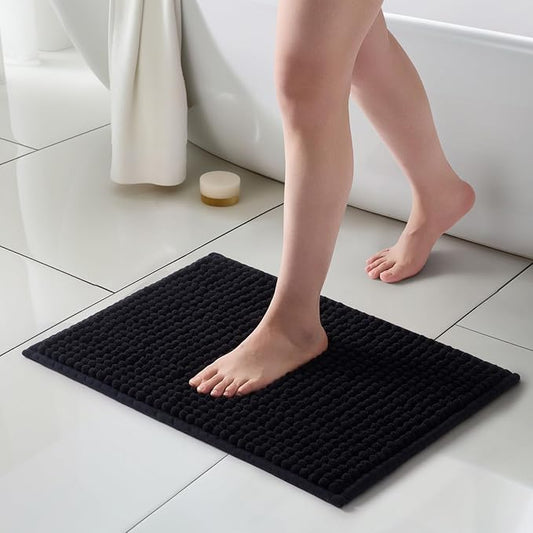 FRESHMINT Thick Chunky Chenille Bathroom Rug, Black, 17"x24" | Non-Slip Backing, Water Absorbent Surface, Machine Washable Care, Cushioned Comfort, Bathroom Floor Use