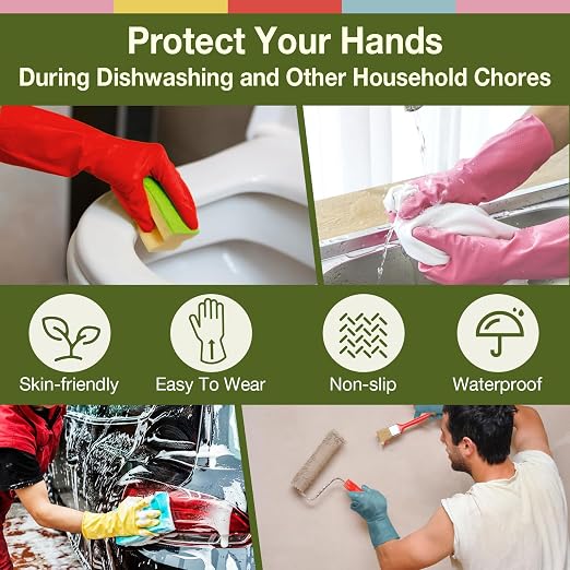Cleaning Gloves Dishwashing 5 Pairs Reusable Non Slip Rubber Kitchen Small | 12.6-Inch Cuff, Textured Anti-Skid Palm Grip, Soft Skin-Friendly Rubber, 4-Color for Multi-Use, Easy Pull-On Flexible Fit