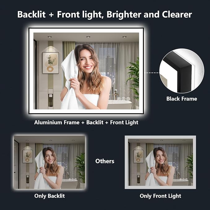 48x36 Inch LED Bathroom Mirror with Lights (Front Lit and Backlit) Black Framed Lighted Vanity Mirror for Bathroom Wall Dimmable Anti-Fog Memory Tempered Glass Horizontal/Vertical