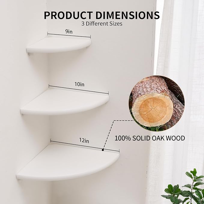 White Floating Corner Shelves, Set of 3 Corner Wall Shelves with Cable Hole Soild Wood Wall Storage Display Wall Mounted Shelves for Plants, Photos, Speakers, Living Room, Bedroom, Bathroom, Kitchen