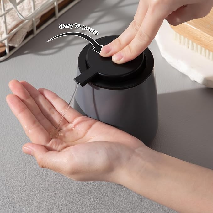 Enra Grey Soap Dispenser, Modern Ceramic Hand Soap Dispenser Bathroom | 12oz Ceramic Body with Wide-Mouth Refill Opening. Neutral Gray Finish Adds Style to Kitchens, Vanities and Countertops.