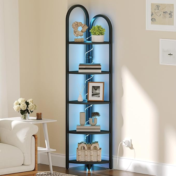 MAHANCRIS 5-Tier Corner Shelf with LED Light, 64.6'' Tall Corner Bookshelf, Narrow Storage Shelf with Metal Frame, for Living Room, Bedroom, Small Spaces, Black CSBK55101