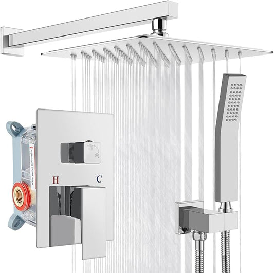 gotonovo Shower Faucet Set with Handheld Spray Polished Chrome,10'' Head | SUS304 Rainfall Shower Head and Handle Set System Fixture,Pressure Balance Valve Trim Kit,Single Handle,Wall Mount,All Metal
