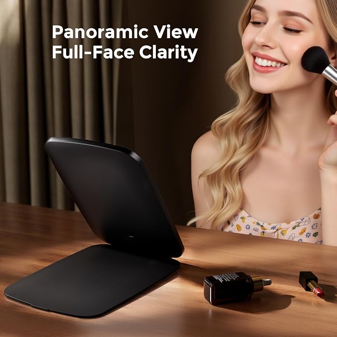 NEZZOE Portable Makeup Mirror, Large Travel Mirror with Light, 10”x7” Black | Foldable Makeup Mirror, 2000mAh Rechargeable Battery, 3 LED Lighting Modes, Magnetic Closure