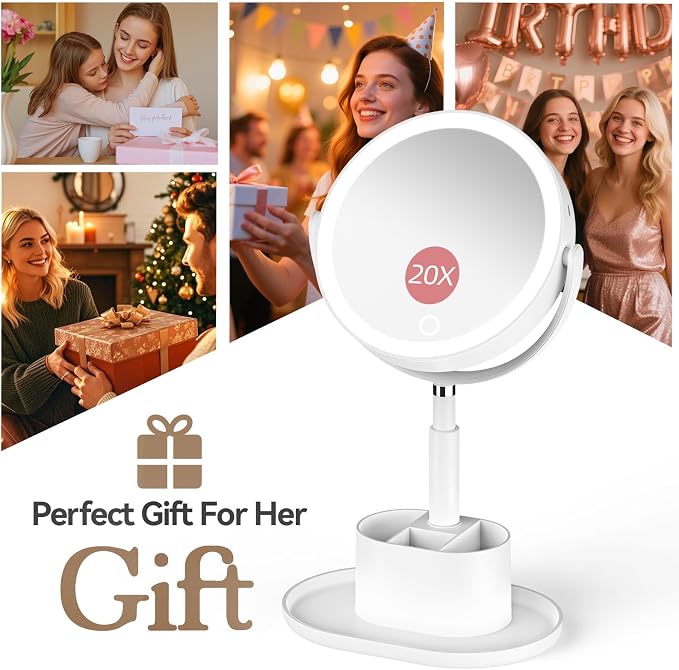 20X Magnifying Mirror with Lights and Storage, Double Sided Vanity Mirror | Rechargeable Makeup Mirror, 3 Color Lighting, Fast Charge and Long-lasting Work, Height Adjustable, Memory Function, White