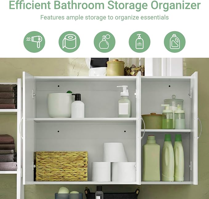 3-Door Wall Mount Bathroom & Laundry Cabinet, Wall Size, White | 3-Door Wall Storage Cabinet With Adjustable Shelves, Over Toilet/Washer MDF Medicine Cabinet, HUS-FRG231-L
