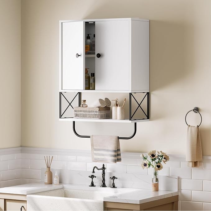 MAHANCRIS Bathroom Wall Cabinet with 2 Door and Adjustable Shelf, Farmhouse Medicine Cabinet with Towel Rack, 3-Tier Wall Mounted Storage Cabinet Over The Toilet for Bathroom, 18.9" L, White