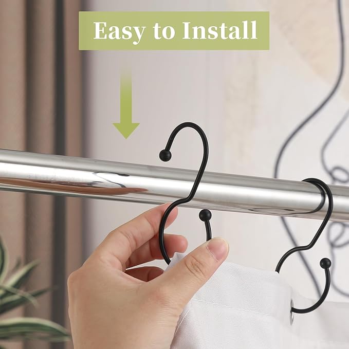 24 Pack Shower Curtain Hooks, Anti-Fall S-Shaped Shower Curtain Ring, Decorative Black Shower Curtain Hooks Rings Rust Proof Shower Rings for Curtain, Shower Hooks for Shower Curtain, Black