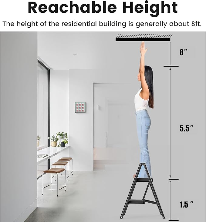 2 Step Ladder, Folding Step Stool, Lightweight Stepladder, Black | Anti-Slip 7.9'' Wide Pedal;Space-Saving;For Kitchen, Home, Library, Office Use;300lbs Capacity