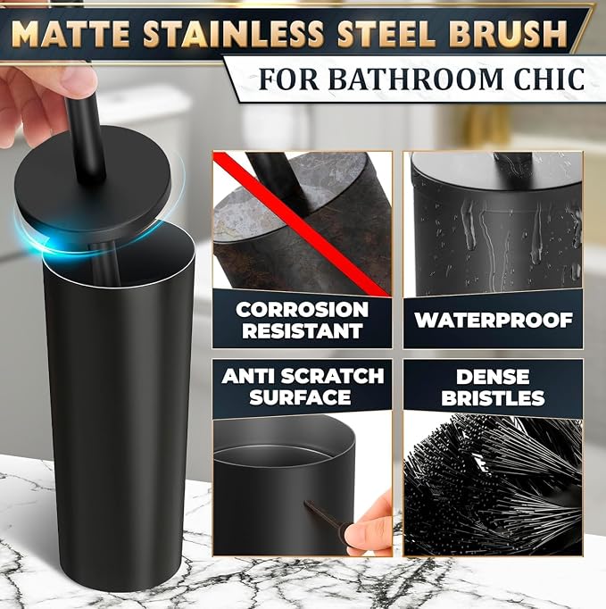 Toilet Brush and Holder Set, Stainless Steel Material (Black) | Matte Black Toilet Brush with Holder Set, Splash Protection & Dense Bristles for Bathroom Cleaning, Protection from Splashes
